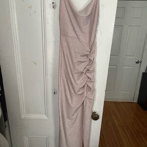 Pink Asymmetrical Ruched Gown with Cowl Neck